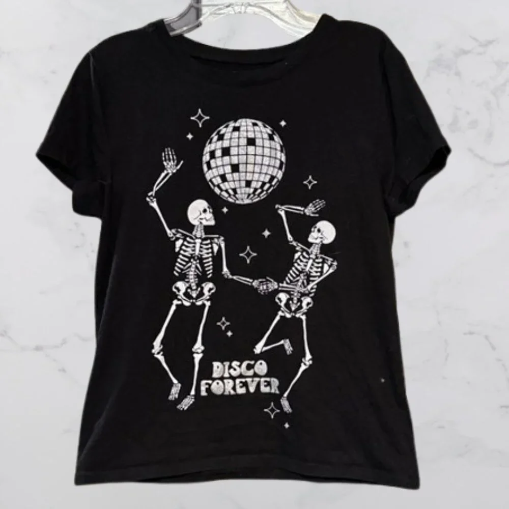 Black Disco Forever Skeleton T-Shirt Size M - Picture 1 of 4